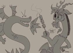 Size: 3300x2400 | Tagged: safe, artist:taytinabelle, derpibooru exclusive, discord, draconequus, dragon, g4, crossover, dialogue, food, high res, homestar runner, marshmallow, monochrome, simple background, smiling, trogdor
