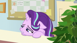 Size: 1920x1080 | Tagged: safe, screencap, phyllis, starlight glimmer, pony, unicorn, a horse shoe-in, g4, bags under eyes, female, floppy ears, looking down, mare, plant, sad, solo, starlight's office