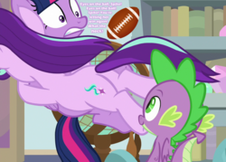 Size: 1008x720 | Tagged: safe, edit, edited screencap, screencap, spike, starlight glimmer, twilight sparkle, alicorn, dragon, pony, a horse shoe-in, g4, american football, butt, cropped, eyes on the prize, female, flank, glimmer glutes, looking at butt, male, plot, ship:sparlight, shipping, sports, straight, text, twilight sparkle (alicorn), winged spike, wings