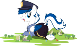 Size: 900x544 | Tagged: safe, artist:tsabak, dj pon-3, minuette, trixie, vinyl scratch, oc, oc:striker blue, pegasus, pony, g4, clothes, dock, female, giant pony, macro, mare, police uniform, simple background, transparent background, two toned wings, uniform, vector, wings