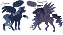 Size: 1920x1080 | Tagged: safe, artist:sizzcake, oc, oc only, oc:cassiopeia, oc:scorpius, alicorn, pony, alicorn oc, cutie mark, duo, ethereal mane, female, looking at you, male, mare, next generation, offspring, parent:king sombra, parent:princess luna, parents:lumbra, reference sheet, simple background, spread wings, stallion, starry mane, white background, wings
