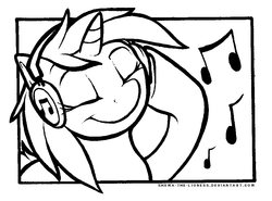 Size: 921x680 | Tagged: safe, artist:shema-the-lioness, artist:shemalioness, dj pon-3, vinyl scratch, pony, unicorn, g4, black and white, color me, eyes closed, female, grayscale, headphones, lineart, mare, missing accessory, monochrome, music notes, smiling, solo