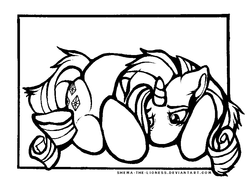 Size: 864x635 | Tagged: safe, artist:shema-the-lioness, artist:shemalioness, rarity, pony, unicorn, g4, black and white, color me, cutie mark, exhausted, female, grayscale, inktober, lidded eyes, lineart, mare, messy mane, monochrome, prone, simple background, solo, tired, white background