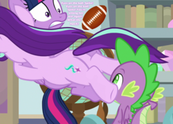 Size: 1008x720 | Tagged: safe, edit, edited screencap, screencap, spike, starlight glimmer, twilight sparkle, alicorn, dragon, pony, a horse shoe-in, g4, american football, butt, cropped, eyes on the prize, female, flank, glimmer glutes, looking at butt, male, plot, ship:sparlight, shipping, sports, straight, text, twilight sparkle (alicorn), winged spike, wings