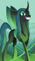 Size: 1080x1850 | Tagged: dead source, safe, artist:pegasister223, idw, queen chrysalis, changeling, changeling queen, g4, cute, cutealis, fangs, female, grin, holeless, looking at you, smiling, solo, spread wings, stray strand, wings, younger