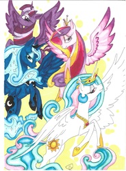Size: 4393x5969 | Tagged: safe, artist:pegasister223, princess cadance, princess celestia, princess luna, twilight sparkle, alicorn, pony, g4, cutie mark, ethereal mane, female, flying, jewelry, lidded eyes, looking at you, mare, regalia, simple background, smiling, spread wings, starry mane, traditional art, twilight sparkle (alicorn), white background, wings