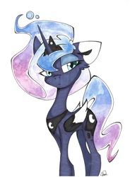 Size: 4321x5873 | Tagged: safe, artist:pegasister223, princess luna, alicorn, pony, g4, coat markings, colored wings, cutie mark, ethereal mane, female, jewelry, lidded eyes, looking at you, mare, redesign, regalia, simple background, solo, traditional art, white background, wings