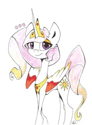 Size: 1095x1483 | Tagged: safe, artist:pegasister223, princess celestia, alicorn, pony, g4, alternate cutie mark, cutie mark, ethereal mane, female, jewelry, looking at you, mare, redesign, regalia, simple background, smiling, solo, traditional art, white background