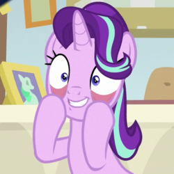 Size: 450x450 | Tagged: safe, screencap, starlight glimmer, pony, unicorn, a horse shoe-in, g4, cropped, eyelid pull, female, mare, smiling, solo