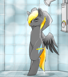 Size: 1808x2036 | Tagged: safe, artist:pencil bolt, oc, oc only, oc:pencil bolt, pegasus, pony, bathroom, bipedal, eyes closed, light, male, shower, showering, solo, spread wings, stallion, water, wet, wings