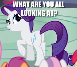 Size: 515x450 | Tagged: safe, edit, edited screencap, screencap, apple bloom, rarity, scootaloo, sweetie belle, g4, newbie dash, butt, caption, cropped, cutie mark crusaders, female, image macro, mare, plot, question, raised eyebrow, rearity, solo focus, text