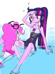 Size: 753x1008 | Tagged: safe, artist:xjleiu, pinkie pie, sci-twi, twilight sparkle, human, equestria girls, equestria girls series, forgotten friendship, armpits, blue swimsuit, clothes, duo, duo female, female, glasses, glasses off, hand on head, one-piece swimsuit, pink swimsuit, ponytail, sandals, sleeveless, striped swimsuit, swimsuit, tricolor swimsuit, tripped, water, wet