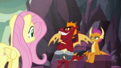 Size: 1920x1080 | Tagged: safe, screencap, fluttershy, garble, smolder, dragon, pegasus, pony, g4, sweet and smoky, bongos, crossed arms, dragoness, female, male, mare, musical instrument, rock, trio