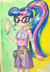 Size: 862x1245 | Tagged: safe, artist:xjleiu, sci-twi, twilight sparkle, human, equestria girls, equestria girls series, g4, sunset's backstage pass!, spoiler:eqg series (season 2), cellphone, clothes, cute, female, glasses, looking at you, moe, phone, ponytail, shirt, skirt, smartphone, smiling, solo, traditional art