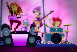 Size: 3840x2560 | Tagged: safe, artist:oinktweetstudios, kiwi lollipop, pinkie pie, sunset shimmer, supernova zap, human, equestria girls, equestria girls specials, g4, my little pony equestria girls: better together, my little pony equestria girls: sunset's backstage pass, clothes, concert, cymbals, dress, drum kit, drums, drumsticks, female, grin, guitar, hi-hat, high res, human coloration, jacket, k-lo, leather jacket, legs, musical instrument, open mouth, pants, postcrush, shoes, smiling, sneakers, speaker, stage, su-z, true original (song)