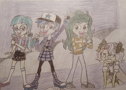Size: 1450x1039 | Tagged: safe, artist:jebens1, juniper montage, vignette valencia, wallflower blush, oc, oc:sapphire night, human, equestria girls, equestria girls series, g4, rollercoaster of friendship, angry, beauty mark, boots, bracelet, clothes, female, fingerless gloves, glasses, gloves, high heel boots, holly, jacket, jewelry, lyrics in the description, microphone, miniskirt, pants, pantyhose, pigtails, shoes, shorts, singing, skirt, smiling, socks, song in the description, song reference, story included, sweater, traditional art, trolls, trolls: the beat goes on, twintails