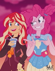 Size: 2976x3844 | Tagged: safe, artist:thetooner47, pinkie pie, sunset shimmer, human, equestria girls, equestria girls specials, g4, my little pony equestria girls: better together, my little pony equestria girls: sunset's backstage pass, belt, clothes, duo, duo female, female, finger gun, geode of empathy, geode of sugar bombs, grin, high res, jacket, leather jacket, magical geodes, open mouth, orange sky, pants, raised eyebrow, smiling