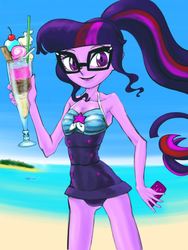 Size: 759x1011 | Tagged: safe, artist:xjleiu, sci-twi, twilight sparkle, human, equestria girls, equestria girls series, forgotten friendship, g4, armpits, attached skirt, beach, blue swimsuit, cellphone, clothes, female, food, glasses, ice cream, looking at you, one-piece swimsuit, phone, ponytail, smartphone, smiling, solo, striped swimsuit, swimsuit, tricolor swimsuit