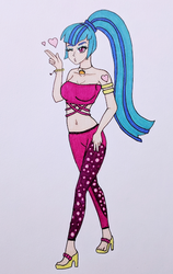 Size: 394x625 | Tagged: safe, artist:metalamethyst, sonata dusk, human, equestria girls, equestria girls series, find the magic, g4, sunset's backstage pass!, spoiler:eqg series (season 2), bracelet, breasts, cleavage, clothes, feet, floating heart, heart, jewelry, kissy face, midriff, one eye closed, pants, ponytail, shoes, simple background, tank top, traditional art, white background, wink
