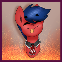 Size: 768x768 | Tagged: safe, artist:cottonsweets, artist:thebadbadger, oc, oc only, oc:phire demon, pony, bust, collar, eyes closed, fire, male, necktie, simple background, smiling, solo, tongue out