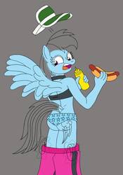 Size: 748x1068 | Tagged: safe, artist:supra80, rainbow dash, anthro, g4, ass, assisted exposure, butt, clothes, embarrassed, embarrassed underwear exposure, female, food, hot dog, magic, magic abuse, meat, mustard, panties, pantsed, pantsing, photoshop, sauce, sausage, shorts, sports bra, sports shorts, starry underwear, underwear, wings, wip