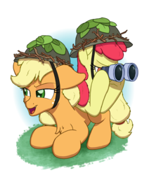 Size: 2750x3250 | Tagged: safe, artist:litrojia, apple bloom, applejack, earth pony, pony, g4, going to seed, apple sisters, binoculars, cheek fluff, chest fluff, duo, female, filly, helmet, high res, leaves, mare, open mouth, siblings, simple background, sisters, smiling, white background
