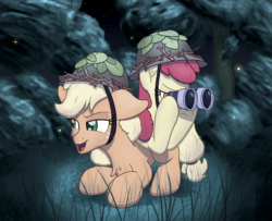 Size: 4000x3250 | Tagged: safe, artist:litrojia, apple bloom, applejack, earth pony, pony, g4, going to seed, apple sisters, binoculars, cheek fluff, chest fluff, duo, female, filly, grass, helmet, leaves, mare, night, open mouth, scenery, siblings, sisters, smiling, tree