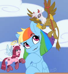 Size: 1218x1321 | Tagged: safe, artist:soulcentinel, gilda, pinkie pie, rainbow dash, angel, devil, earth pony, griffon, pegasus, pony, fanfic:twin fates, g4, alternate hairstyle, alternate universe, boots, cover art, cute, cutie mark, fanfic, fanfic art, fanfic cover, female, mare, shoulder angel, shoulder devil, thinking, wings
