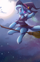 Size: 2200x3400 | Tagged: safe, artist:ardail, trixie, pony, unicorn, g4, broom, clothes, cute, detailed background, diatrixes, female, flying, flying broomstick, full moon, hat, high res, looking at you, magic, mare, moon, night, night sky, open mouth, sky, smiling, solo, stars, tongue out, underhoof, unshorn fetlocks, witch, witch costume, witch hat