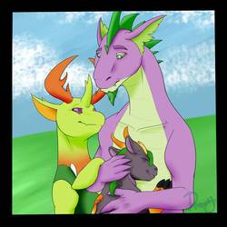 Size: 894x894 | Tagged: safe, artist:ash-bash-honey-smash, spike, thorax, changedling, changeling, dragon, hybrid, g4, beard, changeling x dragon, facial hair, family, gay, hug, interspecies, interspecies offspring, king thorax, magical gay spawn, male, offspring, older, older spike, parent:spike, parent:thorax, parents:spirax, ship:thoraxspike, shipping