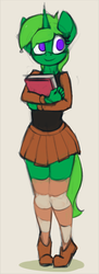 Size: 689x1884 | Tagged: safe, artist:marsminer, oc, oc only, oc:lime dream, unicorn, anthro, plantigrade anthro, book, clothes, commission, cute, female, miniskirt, moe, no pupils, patreon, patreon reward, pleated skirt, simple background, skirt, smiling, socks, solo, striped socks, student, thigh highs, thighs, zettai ryouiki