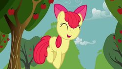 Size: 1280x720 | Tagged: safe, screencap, apple bloom, call of the cutie, g4, adorabloom, apple, apple tree, apples apples apples, apples!, cute, food, happy, hopping, jumping, tree