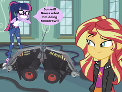 Size: 1024x768 | Tagged: artist needed, safe, artist:epiccartoonsfan, artist:metaldudepl666, edit, sci-twi, sunset shimmer, twilight sparkle, robot, equestria girls, g4, excited, gemini (robot wars), glasses, mixed media, ripped pants, robot wars, shoes, sneakers