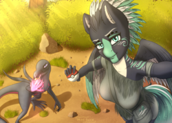 Size: 2800x2000 | Tagged: safe, artist:mintjuice, oc, oc:alpine apotheon, pegasus, salazzle, anthro, anthro oc, armpits, bag, bush, clothes, female, forest, high res, looking at you, mare, pegasus oc, poké ball, pokémon, sunlight, wings, ych result