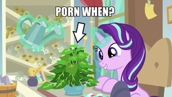 Size: 1920x1080 | Tagged: safe, edit, edited screencap, screencap, phyllis, starlight glimmer, pony, unicorn, a horse shoe-in, g4, caption, female, image macro, implied porn, inkwell, levitation, magic, magic aura, mare, plant, porn when, solo, telekinesis, text, watering can