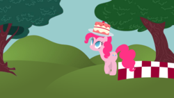 Size: 1920x1080 | Tagged: safe, artist:thunder-blur, pinkie pie, earth pony, pony, g4, cake, female, food, hooves, lineless, mare, minimalist, modern art, plate, silhouette, solo, tree