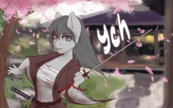 Size: 1536x960 | Tagged: safe, artist:mintjuice, anthro, action pose, advertisement, bandage, cherry blossoms, clothes, commission, female, flower, flower blossom, house, japan, katana, kimono (clothing), looking at you, mare, samurai, sarashi, solo, sword, tree, weapon, your character here