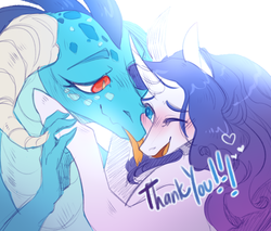 Size: 1280x1088 | Tagged: safe, artist:yuyusunshine, princess ember, rarity, dragon, pony, unicorn, g4, curved horn, dragoness, female, horn, hug, lesbian, licking, one eye closed, ship:emberity, shipping, simple background, tongue out, white background