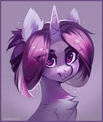 Size: 1750x2074 | Tagged: safe, artist:share dast, oc, oc only, oc:maria artosis, pony, unicorn, bust, chest fluff, female, freckles, horn, looking at you, mare, purple background, simple background, smiling, solo, unicorn oc