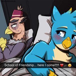 Size: 1024x1024 | Tagged: safe, artist:jcosneverexisted, gallus, grampa gruff, griffon, g4, school daze, age difference, bed, blushing, chest fluff, cute, dialogue, duo, duo male, eye scar, gallabetes, gruffus, implied gay, implied sex, lying, male, parody, quadrupedal, scar, snapchat