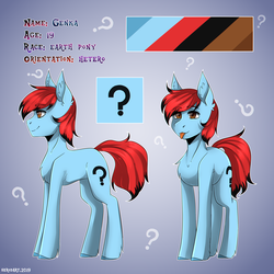 Size: 2500x2500 | Tagged: safe, artist:serodart, oc, oc only, oc:genka, earth pony, pony, :p, chest fluff, commission, ear fluff, gradient background, high res, male, question mark, reference sheet, smiling, solo, stallion, tongue out