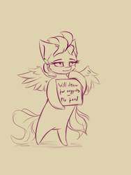 Size: 774x1032 | Tagged: safe, artist:coldtrail, oc, oc only, unnamed oc, pegasus, pony, bipedal, chibi, doodle, female, hair, holding, lineart, sign, simple, simple background, solo, standing, text, unamused, will x for y