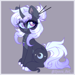 Size: 4000x4000 | Tagged: safe, artist:_spacemonkeyz_, oc, oc only, oc:tsukii, pony, unicorn, absurd resolution, blaze (coat marking), coat markings, curved horn, facial markings, female, gray background, horn, mare, pale belly, simple background, solo, unshorn fetlocks