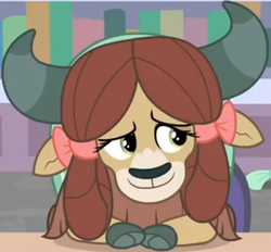 Size: 648x602 | Tagged: safe, screencap, yona, yak, a horse shoe-in, g4, bookshelf, bow, cloven hooves, cropped, female, hair bow, horns, monkey swings, raised eyebrow, smiling, solo, table, teenager