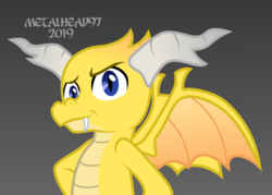 Size: 5000x3577 | Tagged: safe, artist:metalhead97, oc, oc only, oc:scribe scales, dragon, blue eyes, gift art, gray background, looking at you, male, show accurate, simple background, smiling, smiling at you, solo, style emulation, watermark, wings, yellow skin