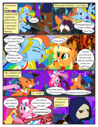 Size: 612x792 | Tagged: safe, artist:christhes, applejack, pinkie pie, rainbow dash, earth pony, pegasus, pony, comic:friendship is dragons, g4, bandana, blade, cloak, clothes, collaboration, comic, crossover, dialogue, dragon age, dress, ear piercing, earring, eyes closed, female, fight, flying, freckles, frown, gala dress, garrett, grin, gritted teeth, hat, hoof hold, isabela, jewelry, laughing, laurel wreath, magma beast, male, mare, night, onomatopoeia, piercing, ponified, rubber chicken, show accurate, smiling, stallion, stars, thief (video game), unamused, weapon, wingblade