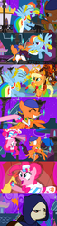 Size: 1234x4859 | Tagged: safe, alternate version, artist:christhes, applejack, pinkie pie, rainbow dash, earth pony, pegasus, pony, comic:friendship is dragons, g4, bandana, blade, cloak, clothes, collaboration, comic, crossover, dragon age, dress, ear piercing, earring, eyes closed, female, fight, flying, freckles, frown, gala dress, garrett, grin, gritted teeth, hat, hoof hold, isabela, jewelry, laughing, laurel wreath, magma beast, male, mare, night, onomatopoeia, piercing, ponified, rubber chicken, show accurate, smiling, stallion, stars, thief (video game), unamused, weapon, wingblade