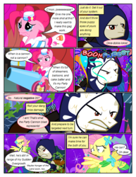 Size: 612x792 | Tagged: safe, artist:christhes, fluttershy, pinkie pie, earth pony, pegasus, pony, comic:friendship is dragons, g4, angry, arrow, cloak, clothes, collaboration, comic, crossbow, crossover, dialogue, dress, female, fight, frown, gala dress, garrett, hat, looking up, male, mare, night, onomatopoeia, party cannon, pie in the face, ponified, sad, show accurate, smiling, smirk, stallion, stars, thief (video game), unamused, vine