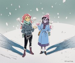 Size: 1180x1000 | Tagged: safe, artist:5mmumm5, sci-twi, sunset shimmer, twilight sparkle, equestria girls, g4, clothes, female, glasses, lesbian, scarf, ship:sci-twishimmer, ship:sunsetsparkle, shipping, snow, snowfall, winter, winter outfit