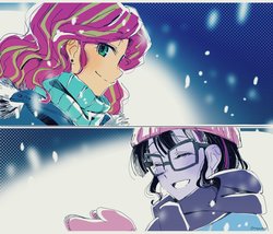 Size: 1200x1025 | Tagged: safe, artist:5mmumm5, sci-twi, sunset shimmer, twilight sparkle, equestria girls, g4, anime, clothes, cute, duo, female, lesbian, scarf, ship:sci-twishimmer, ship:sunsetsparkle, shipping, snow, winter, winter outfit